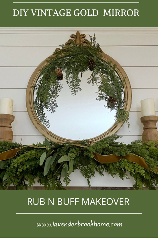 Gold mirror makeover: Christmas mantel with pine swag and pinecones attached. Greenery and vintage gold velvet ribbon cover the mantel.