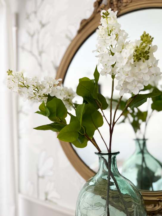 White lilacs in a transparent green glass vase reflect in a round ornate gold antique mirror. 