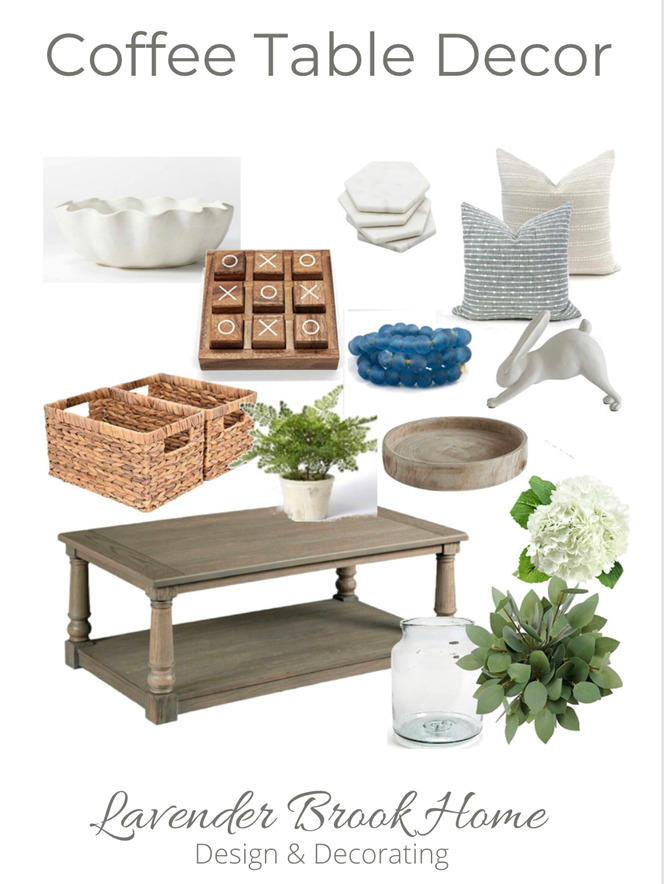 Easy Spring Decorating Ideas: Coffee table and items, wooden tic tac toe board, white scalloped bowl, wood tray, hydrangea stems, fern plant, wicker storage baskets, glass bead garland, throw pillows, white marble coaster