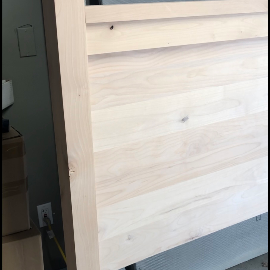 Unfinished headboard with post, panel, top rail and trim boards