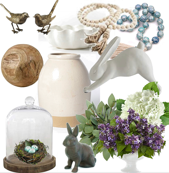 A collage photo with gold birds, a round wooden ball, a cloche with bird nest and eggs inside, a white bunny stretching, lilac and hydrangea plants and wooden bead garland.