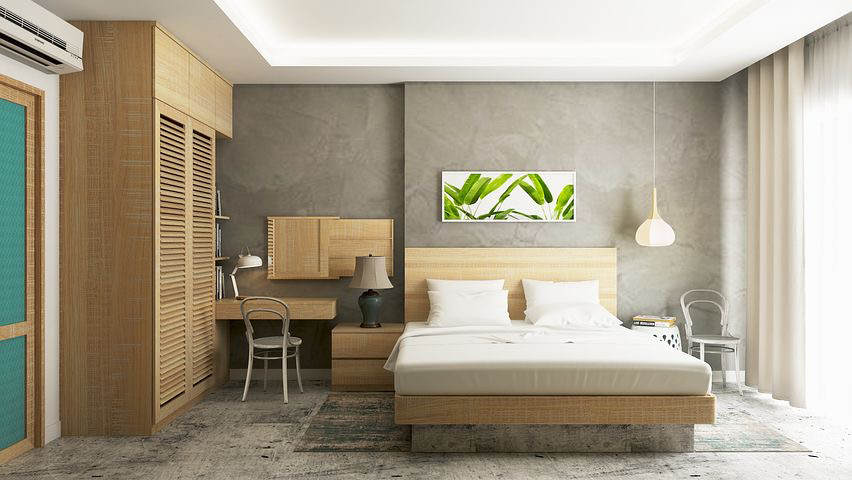 Wood and grey bedroom with proportions and balance following the golden ratio