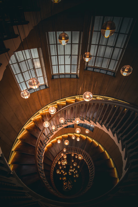 Spiral staircase from an aerial view highlights the golden spiral used in architecture. 