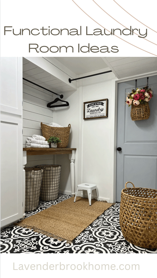 laundry room with built in storage, bar height folding table, drying racks for hanging or hang drying laundry, dirty laundry metal storage baskets, and decorated with woven baskets, a laundry room sign, a woven rug, and patterned tile to compliment the wood and white board and batten and shiplap walls.