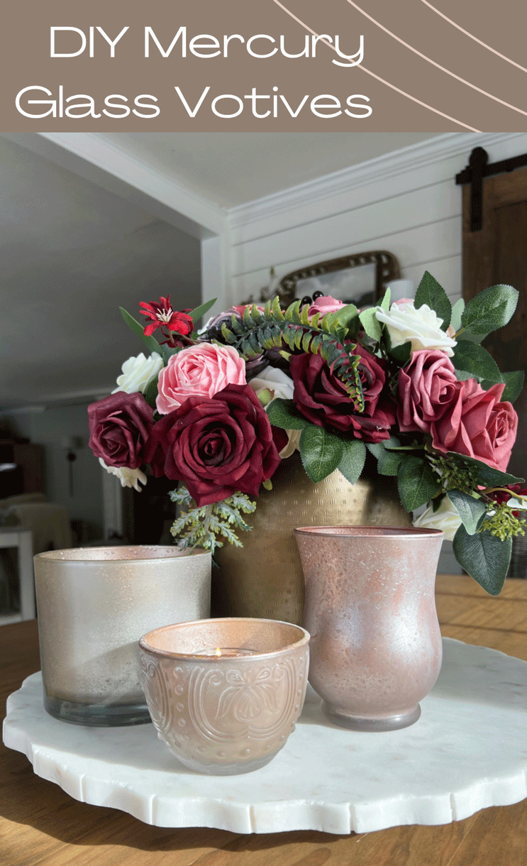 DIY Mercury Glass Votives: A set fo three candle holders in shimmery gold, silver, metallic pink, and copper colors. Candles glow from within and a rich colored burgundy and pink bouquet in a gold vase sits in the background. 