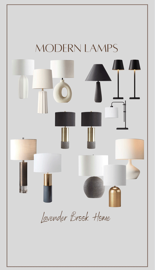 A mood board of various modern lamps. 